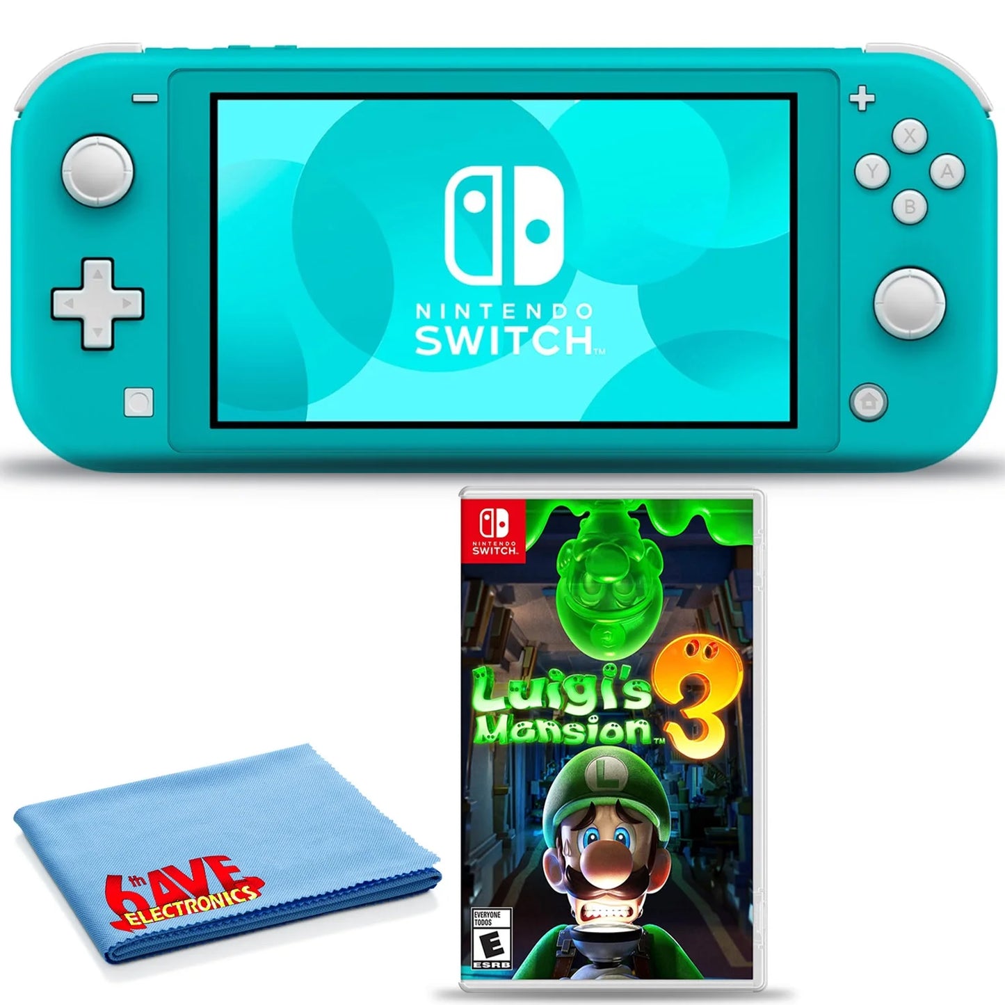 Nintendo switch lite (turquoise) bundle with 6ave cleaning cloth + luigi's mansion 3