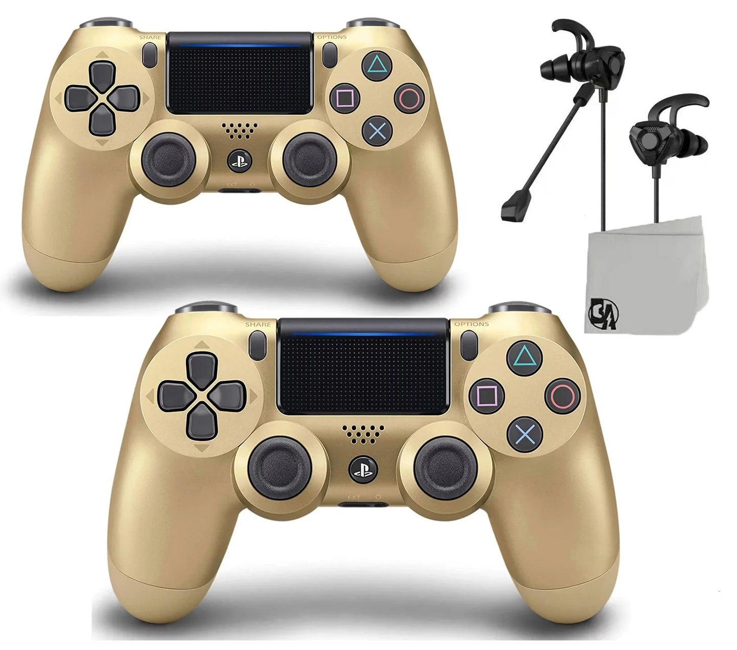 Playstation 4 wireless 2 controller bundle - gold dualshock - like new with earbuds bolt axtion