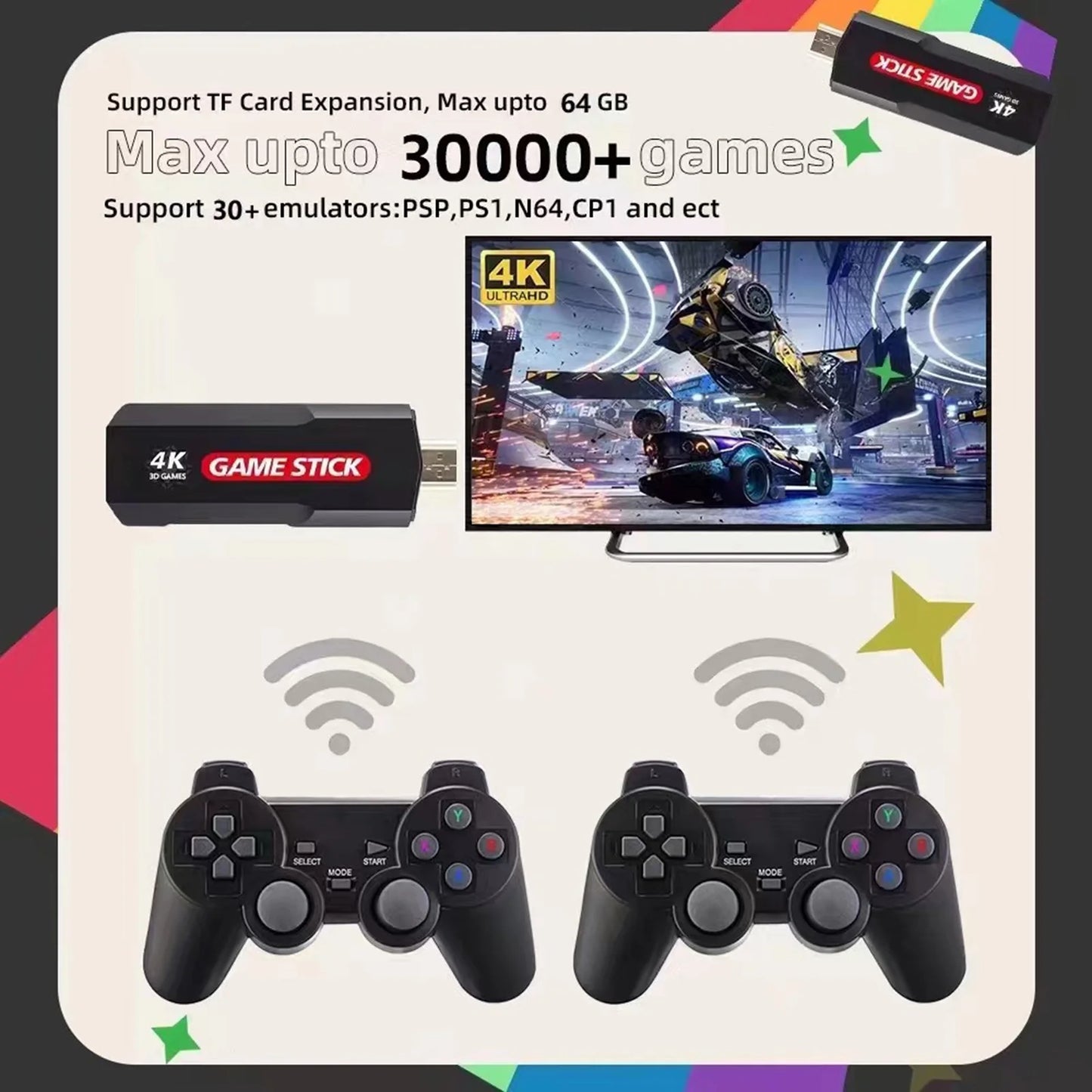 Upgrade wireless retro games console, x2 plus game stick retro console double wireless controller,30000+ games,128gb