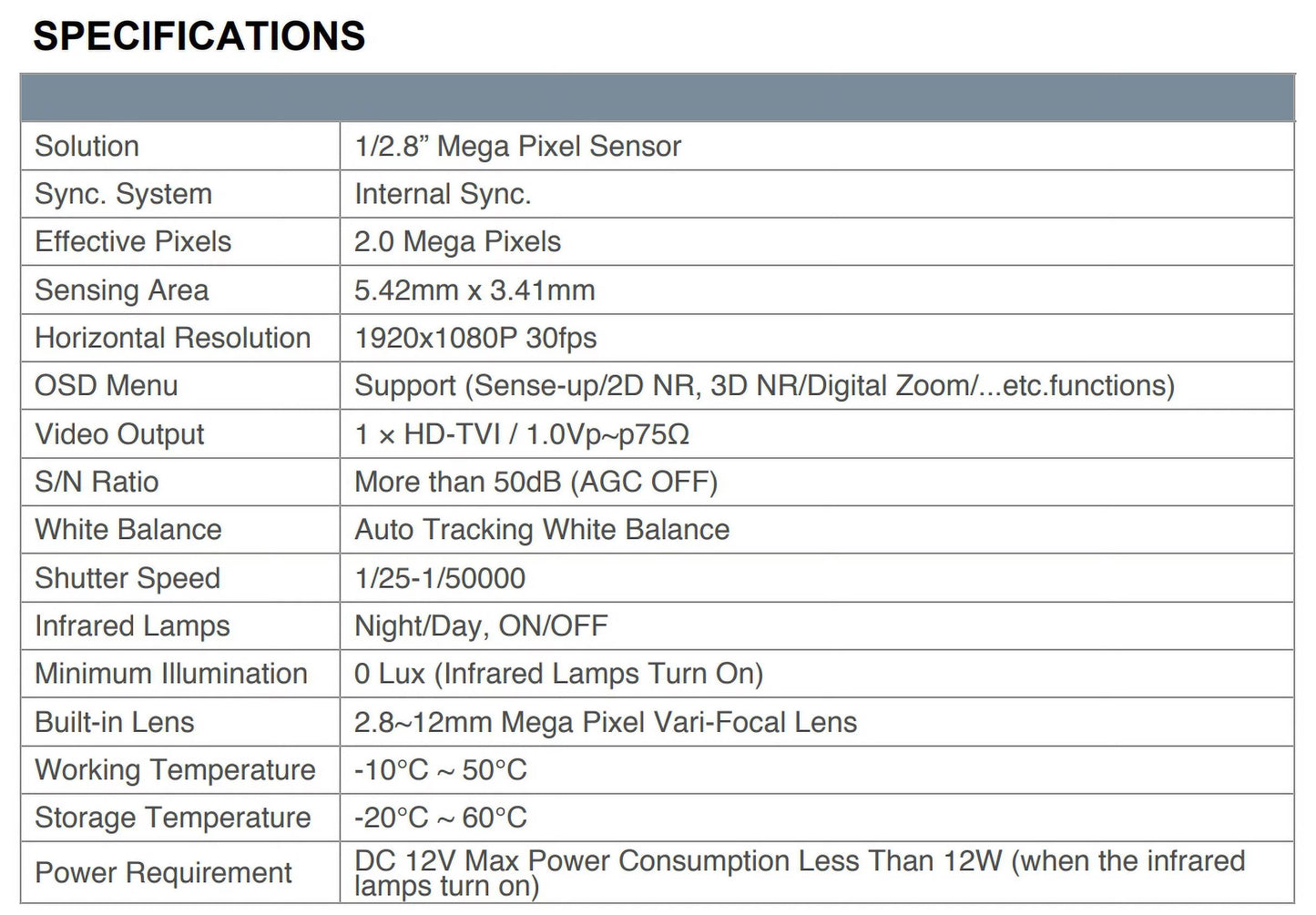 Eyemax tir-1712v-w hd-tvi 2mp outdoor bullet camera, 2.8-12mm, 72 ir led 12v dc, sense-up