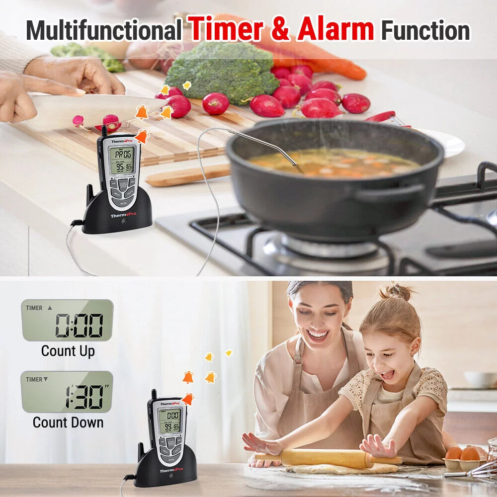 Wireless remote thermometer probe bbq grill meat kitchen oven food cooking smoke, thermopro, lcd