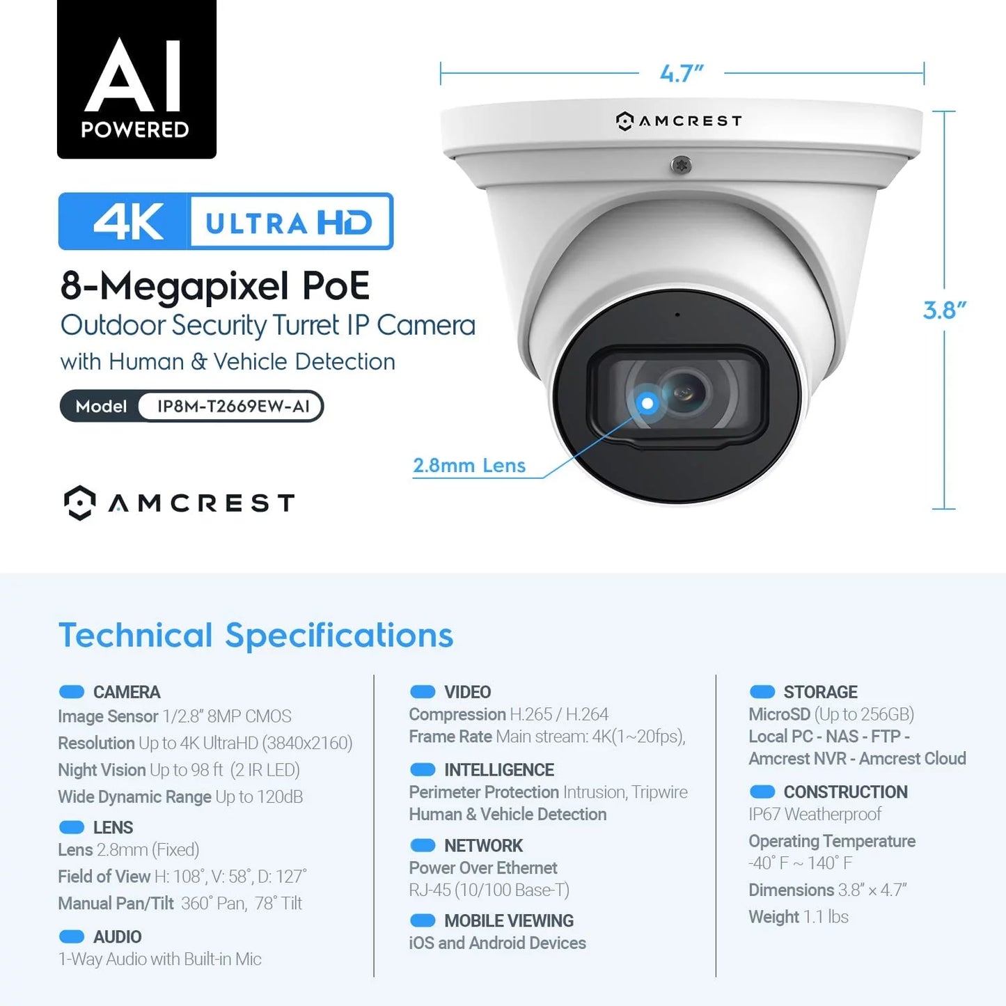 Amcrest 4k poe camera ai human/vehicle detection, ultrahd 8mp outdoor security turret poe ip camera, 3840x2160, wide angle, ip67 weatherproof, microsd, built in mic, white (ip8m-t2669ew-ai) (used)