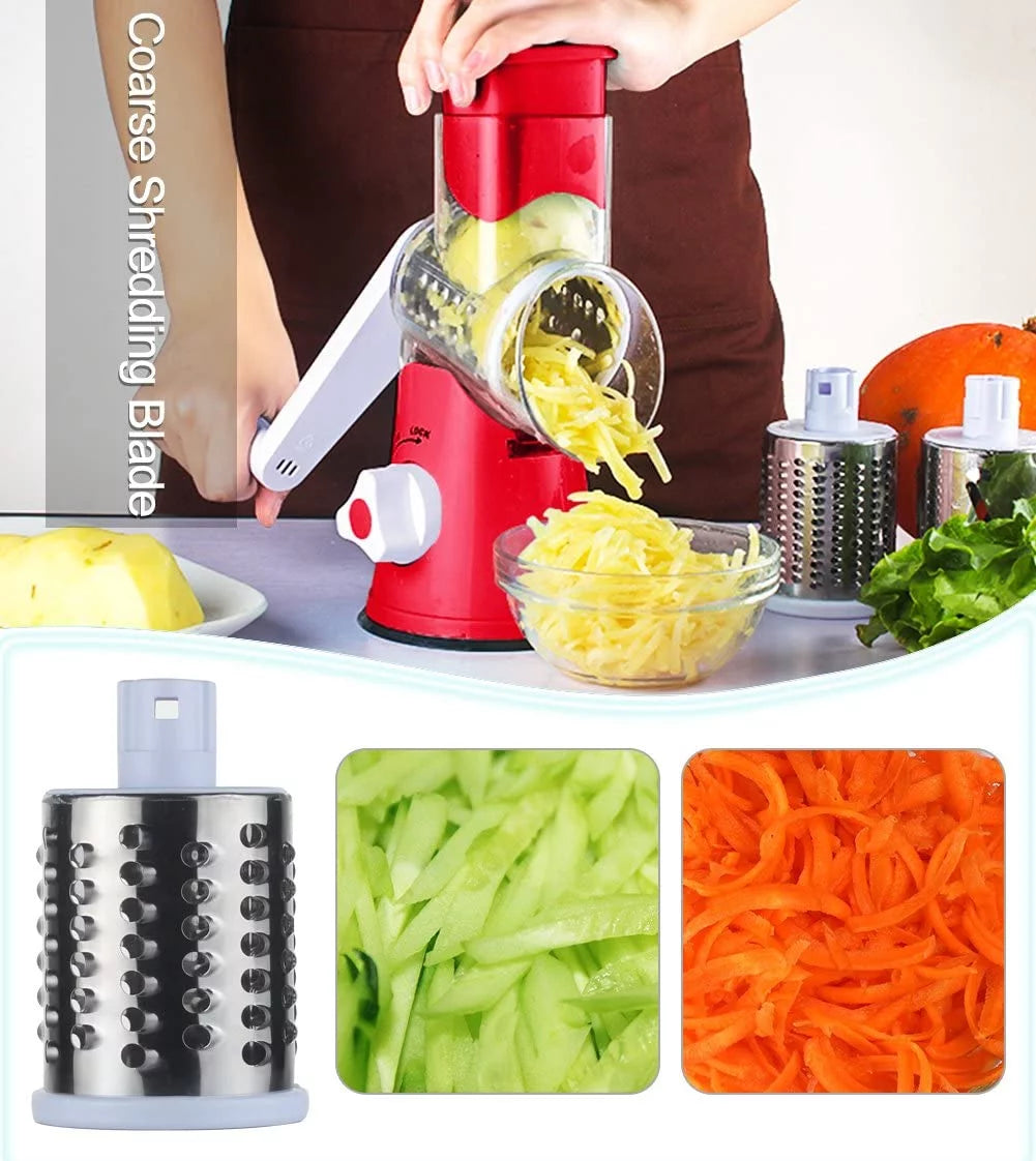 Ourokhome rotary cheese grater shredder- 3 drum bladea manual slicer nut grinder with vegetable peeler and cleaning brush (white red)