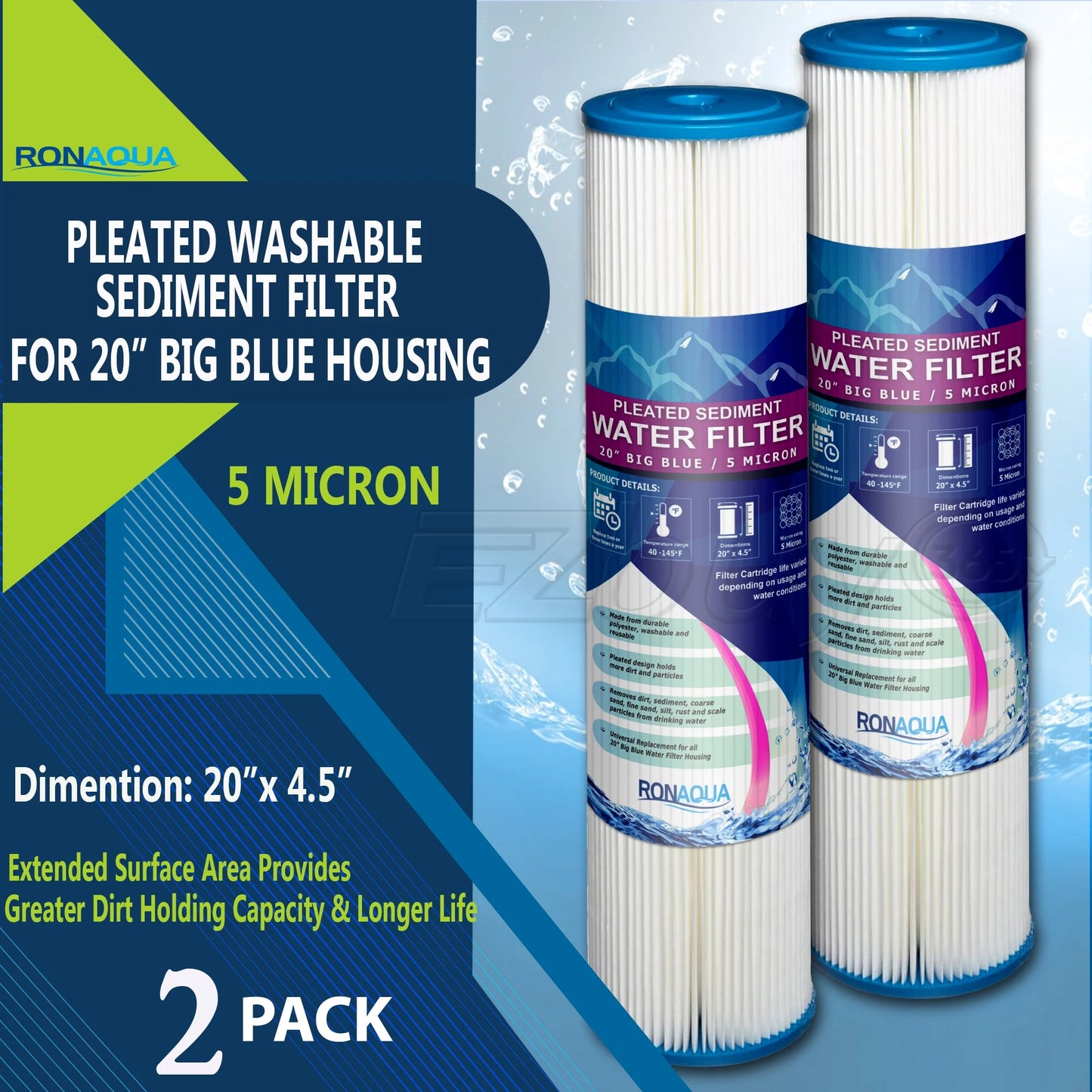 Big blue pleated washable & reusable sediment filter 5 micron amplified surface area, removes sand, dirt, silt, rust, extended filter life for 20" big blue housing, by ronaqua (set of 2)