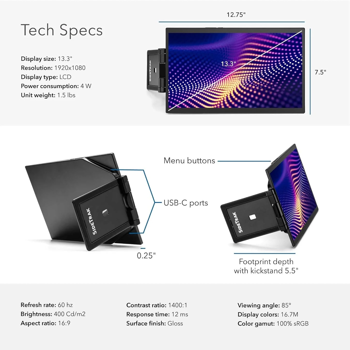 Sidetrak swivel pro 13.3'' portable monitor for notebook computer (13.3'' triple monitor)