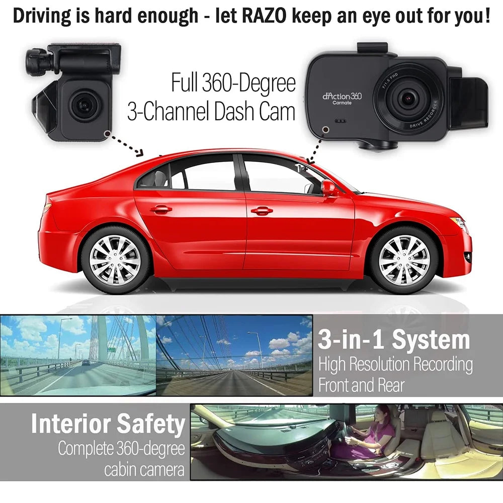 Razo dash cam dc4000ra, simultaneous 3-ch 360-degree recording, records all surroundings at once, covering all blind spots, built-in gps, g-sensor impact detection with 32gb microsd card - (open box)