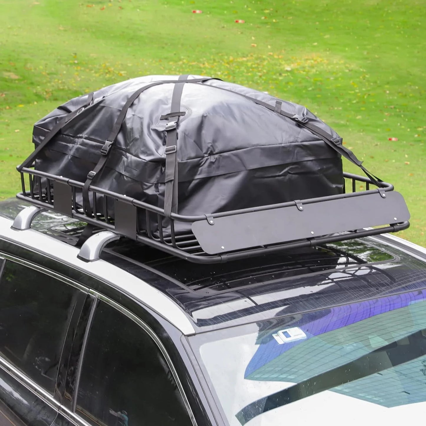 Eyoloty heavy duty 64"x 39" roof rack, rooftop cargo carrier basket with waterproof bag, tie down strap, net, rack extension and car top luggage holder for suv, 150lb capacity, steel construction