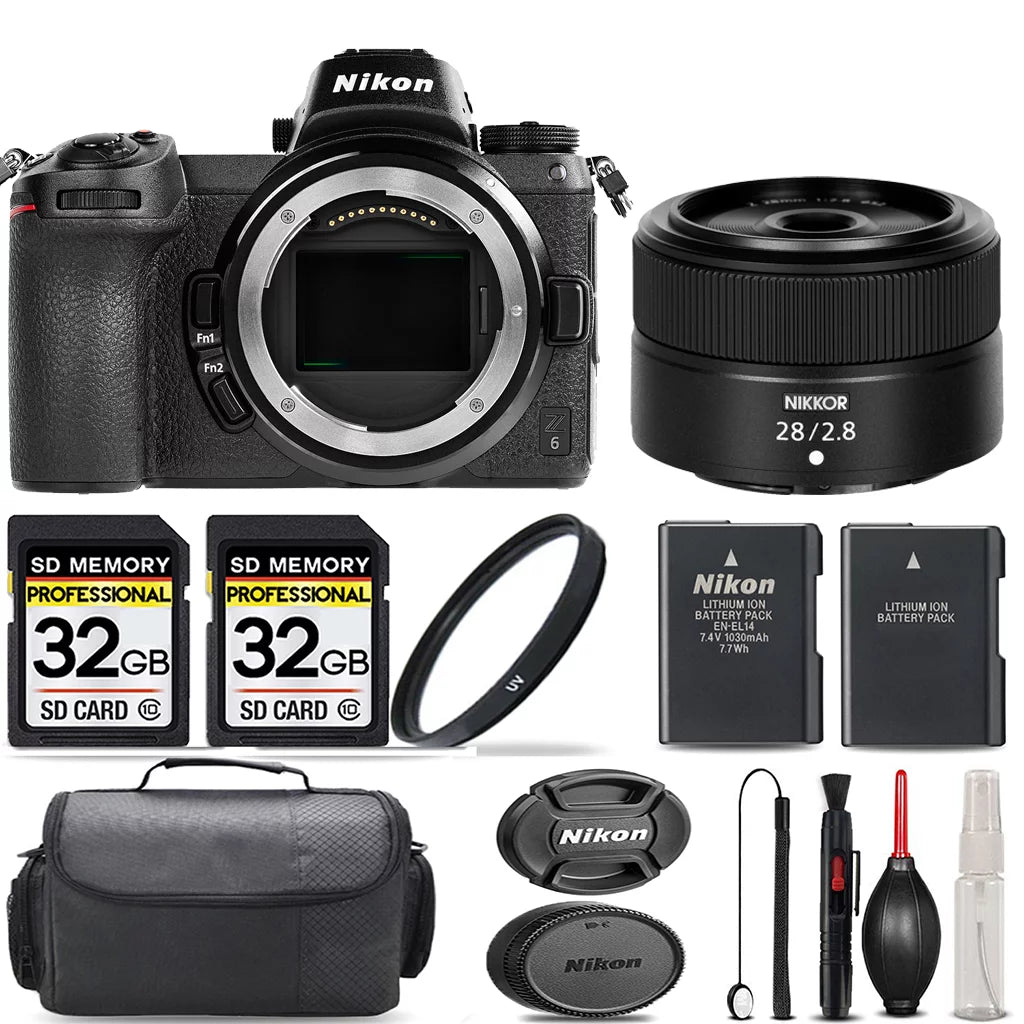 Nikon z6 mirrorless with 28mm f/2.8 lens + 64gb storage + uv filter + extra backup battery + case + cleaning kit - international version