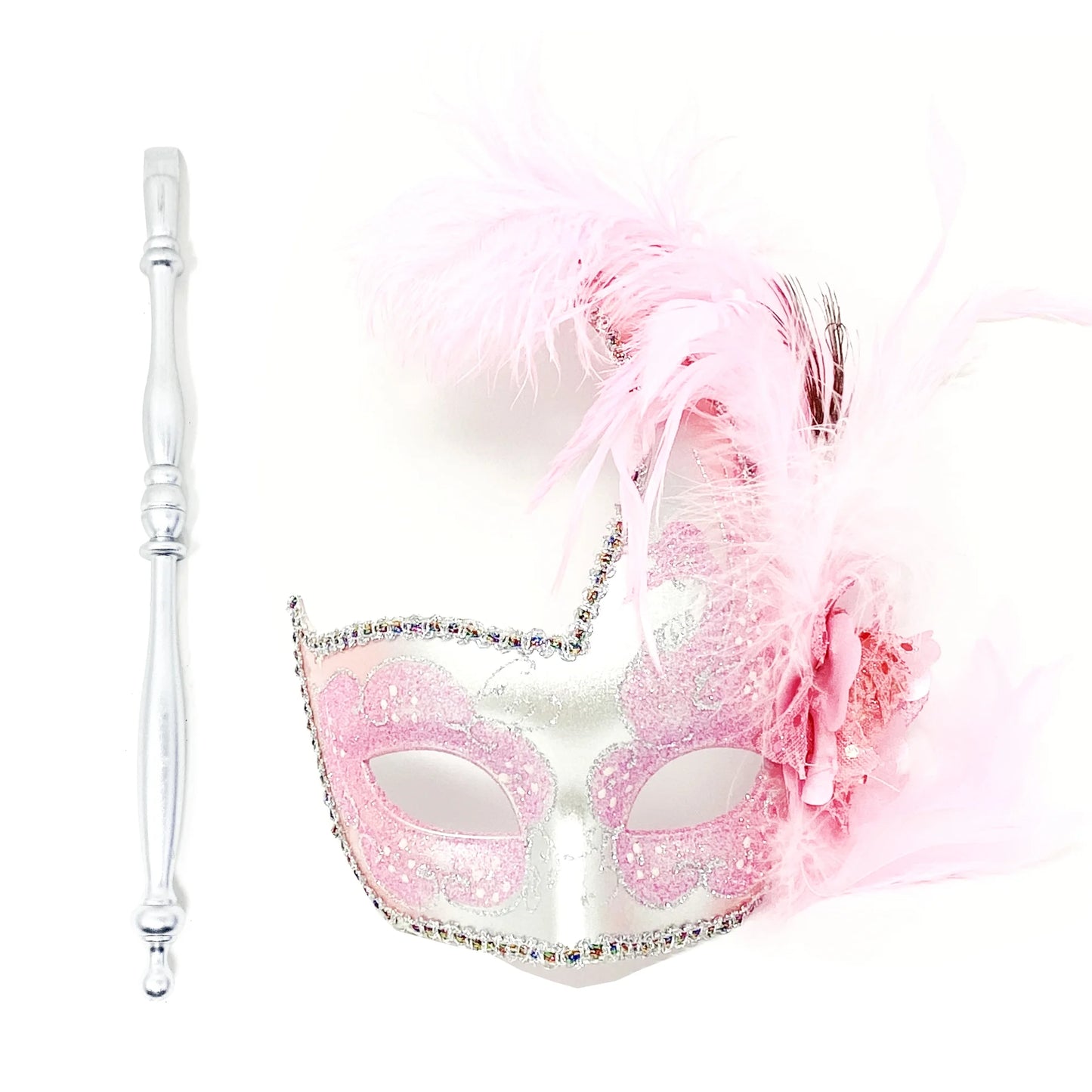 Women lady girls costume holding stick venetian feather mask masquerade mask halloween mardi gras cosplay wedding party