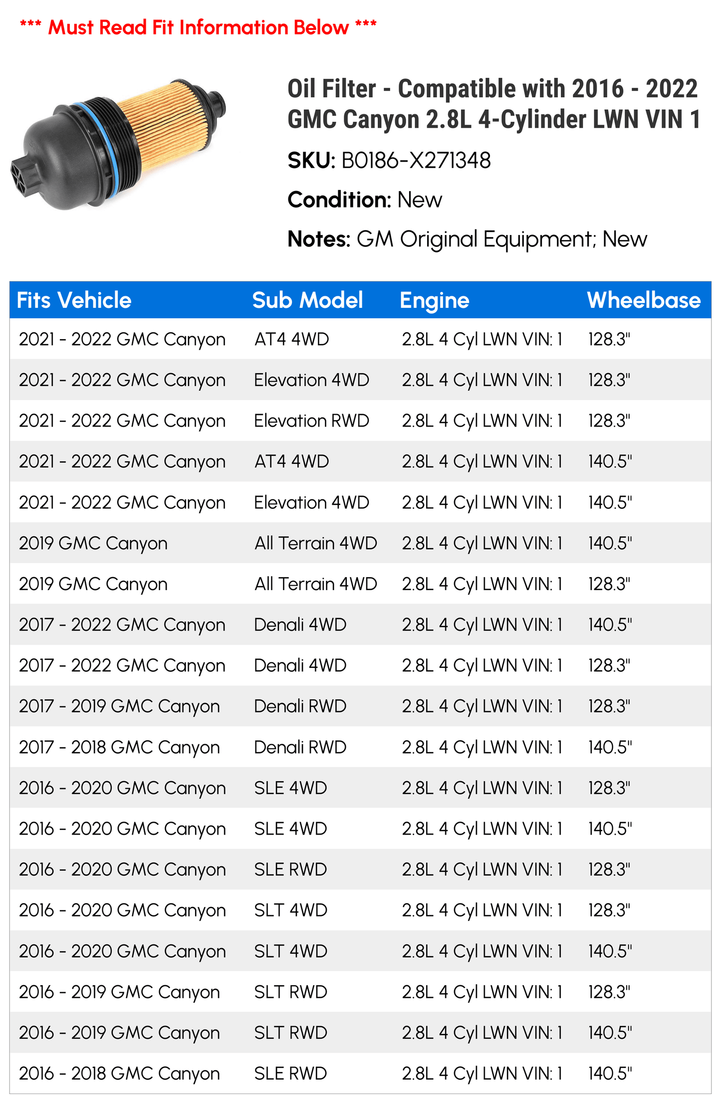 Oil filter - compatible with 2016 - 2022 gmc canyon 2.8l 4-cylinder lwn vin 1 2017 2018 2019 2020 2021