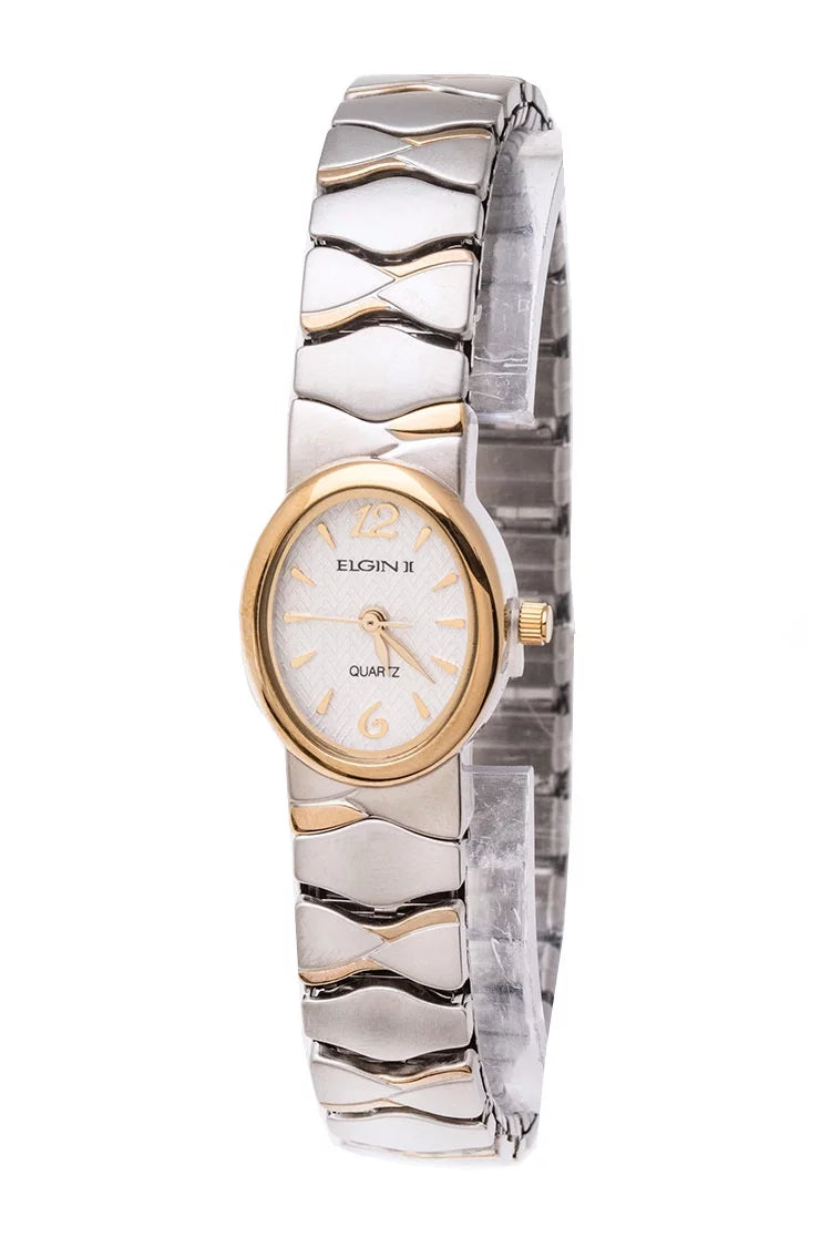 Elgin ladies two tone silver quartz watch accent expansion  band