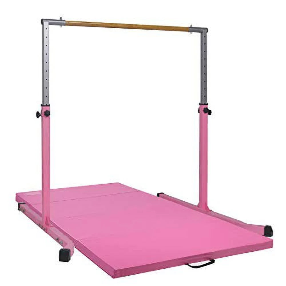 5 star-td pink gymnastic kip bar for kids, expandable 3-5 ft, adjustable height horizontal bar, heavy duty curved legs, junior training equipment, home gymnastics, strong and durable