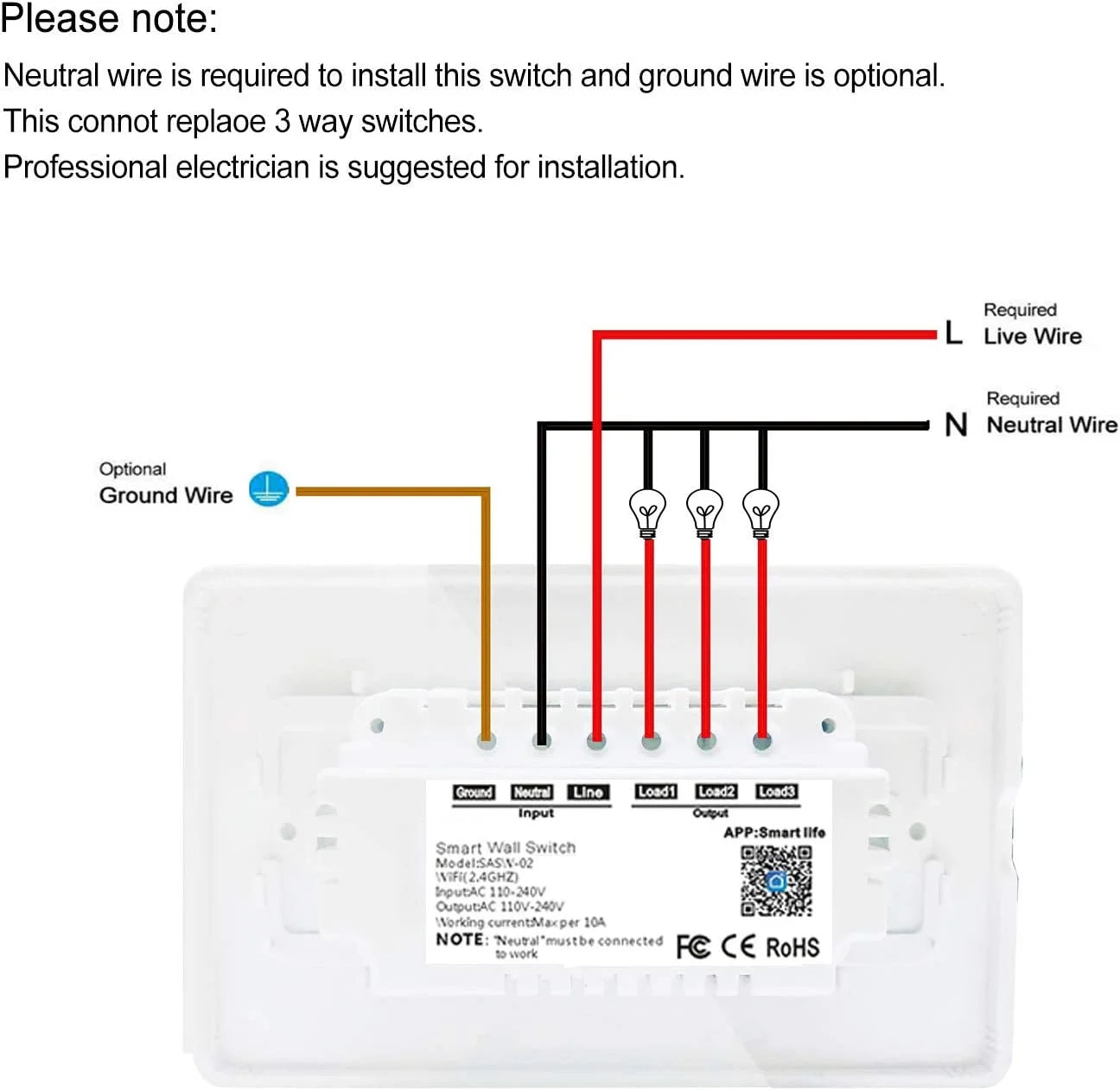 Sana smart light switch,wifi wall light switch, easy installation and app control, compatible with alexa and google home, no hub required (3 switches in 1 gang)