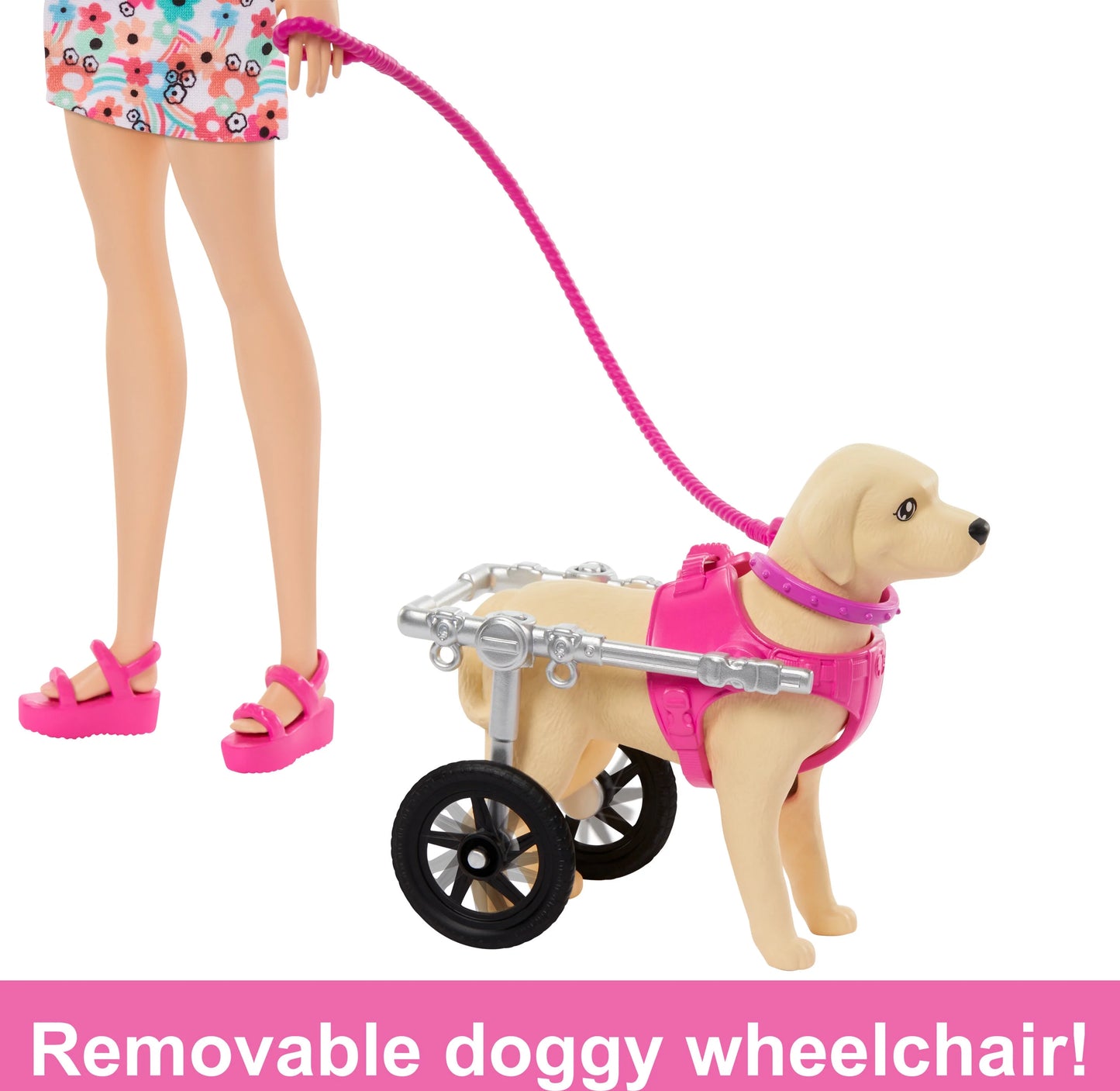 Barbie doll pup playset with a toy pup and dog in a wheelchair, plus pet accessories, multicolor