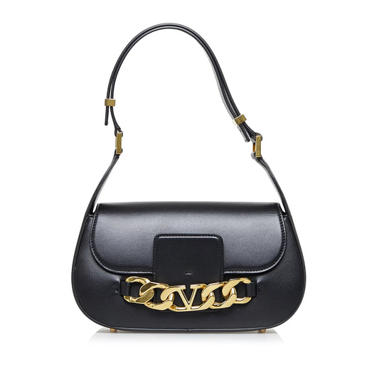 Pre-owned authenticated valentino vlogo chain shoulder bag calf leather black unisex (good)