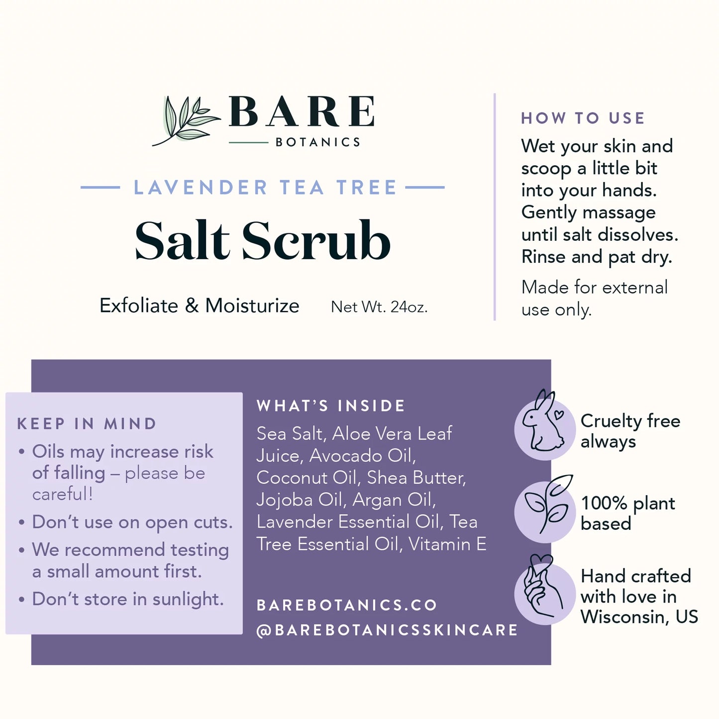 Bare botanics body scrub lavender tea tree sea salt scrub 24 oz