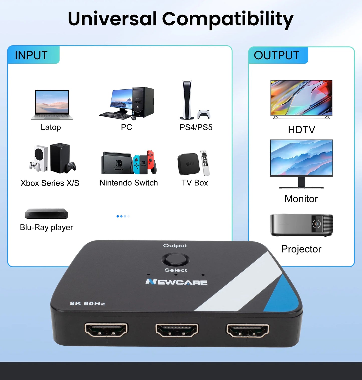 Newcare 8k@60hz hdmi 2.1 switch 3 in 1 out, 4k@120hz hdmi splitter switch box with 2.6 ft hdmi 2.1 cable, 3 port hdmi switcher selector supports hdr dolby atmos 3d for ns ps4/ps5 xoriginal packaging roku fire stick