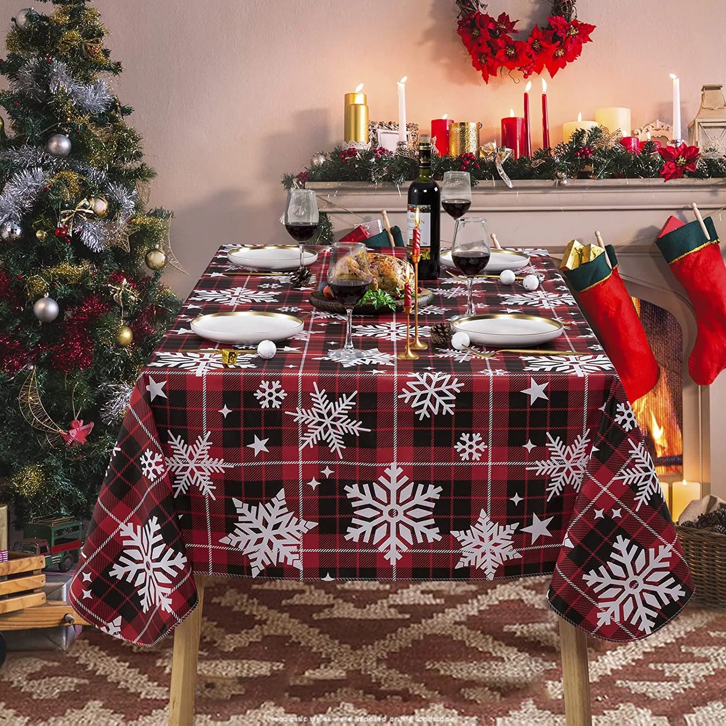 Umineux christmas tablecloth with flannel backing, waterproof wipeable vinyl rectangle table cover for xmas parties/wedding/holiday/decoration use - heavy duty table cover(60x102 inch, snowflake)