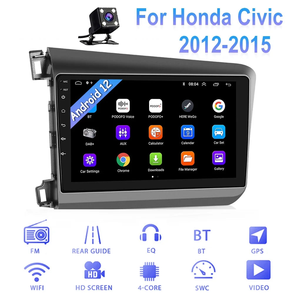 Podofo for honda civic 2012 2013 2014 2015 car stereo radio 9'' touch screen android 12 car player fm bluetooth mirror link wifi gps usb, with backup camera