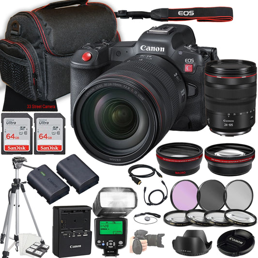 Canon eos r5 c mirrorless cinema camera w/rf 24-105mm f/4 l is usm lens + 2x 64gb memory + filters + ttl flash + more (35pc bundle)