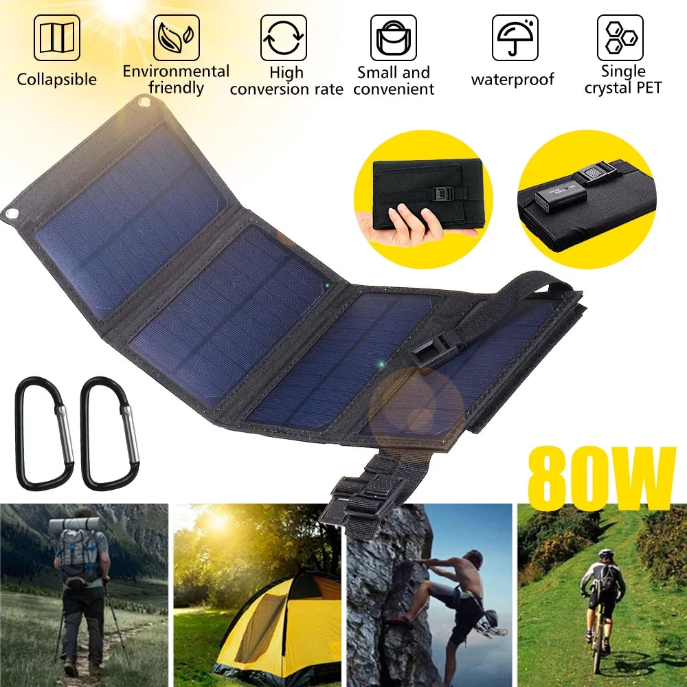 Dfito 80w outdoor foldable usb solar panel power bank for camping hiking