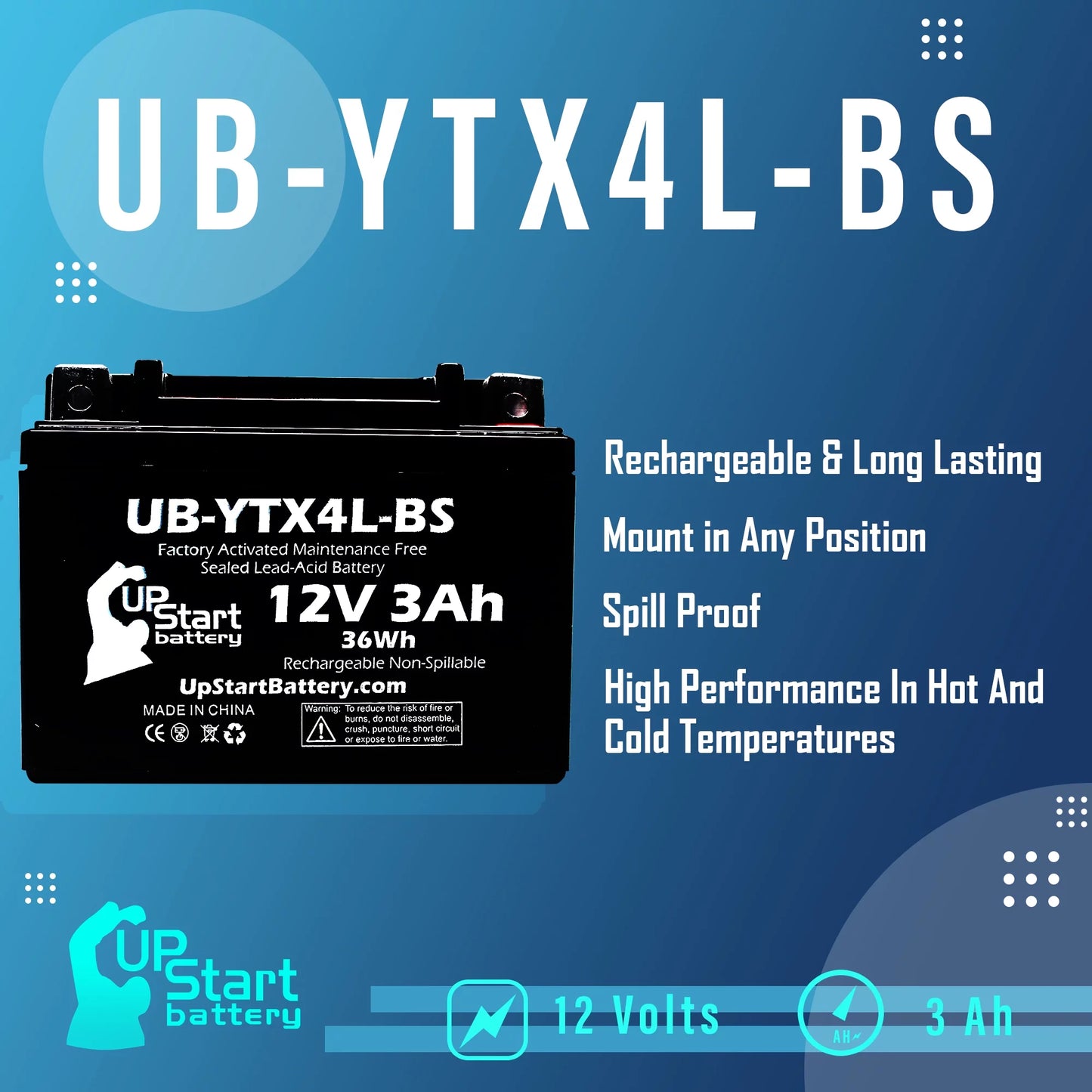 3-pack upstart battery replacement for 2002 bombardier (can-am) ds90, ds90f, quest 90cc factory activated, maintenance free, atv battery - 12v, 3ah, ub-ytx4l-bs