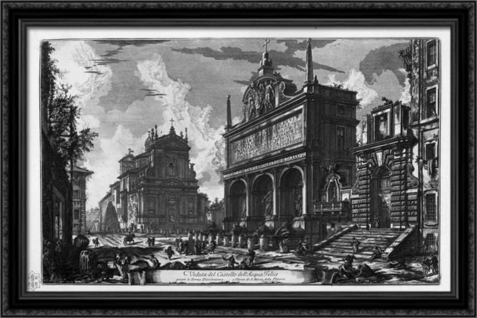 View in perspective of the great fountain of trevi said virgin, architecture nicola salvi 40x26 large black ornate wood framed canvas art by giovanni battista piranesi