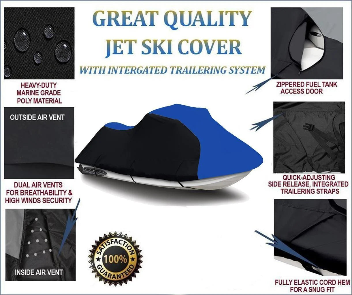 Black / blue heavy-duty, 600 denier pwc jet ski cover compatible for kawasaki 1200 stx-r 2002 2003 2004 2005 trailerable