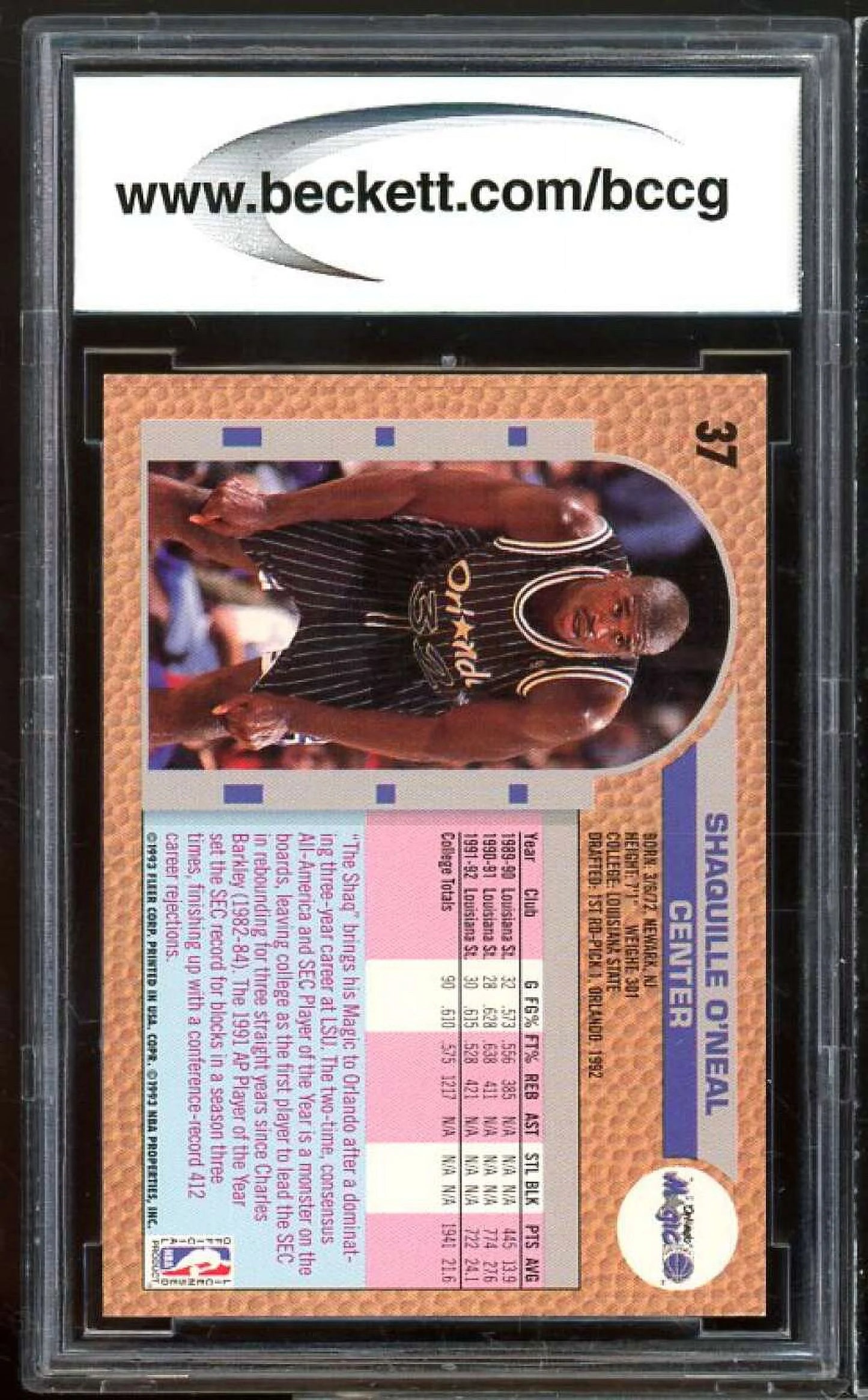 1992-93 fleer drake's #37 shaquille o'neal rookie card bgs bccg 9 mint+