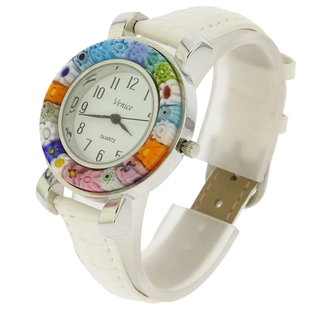 Glassofvenice serena murano millefiori watch with leather band - white