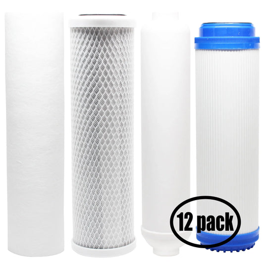 12-pack replacement for filter kit for water filter tree wft-ro4 ro system - includes carbon block filter, pp sediment filter, gac filter & inline filter cartridge - denali pure brand