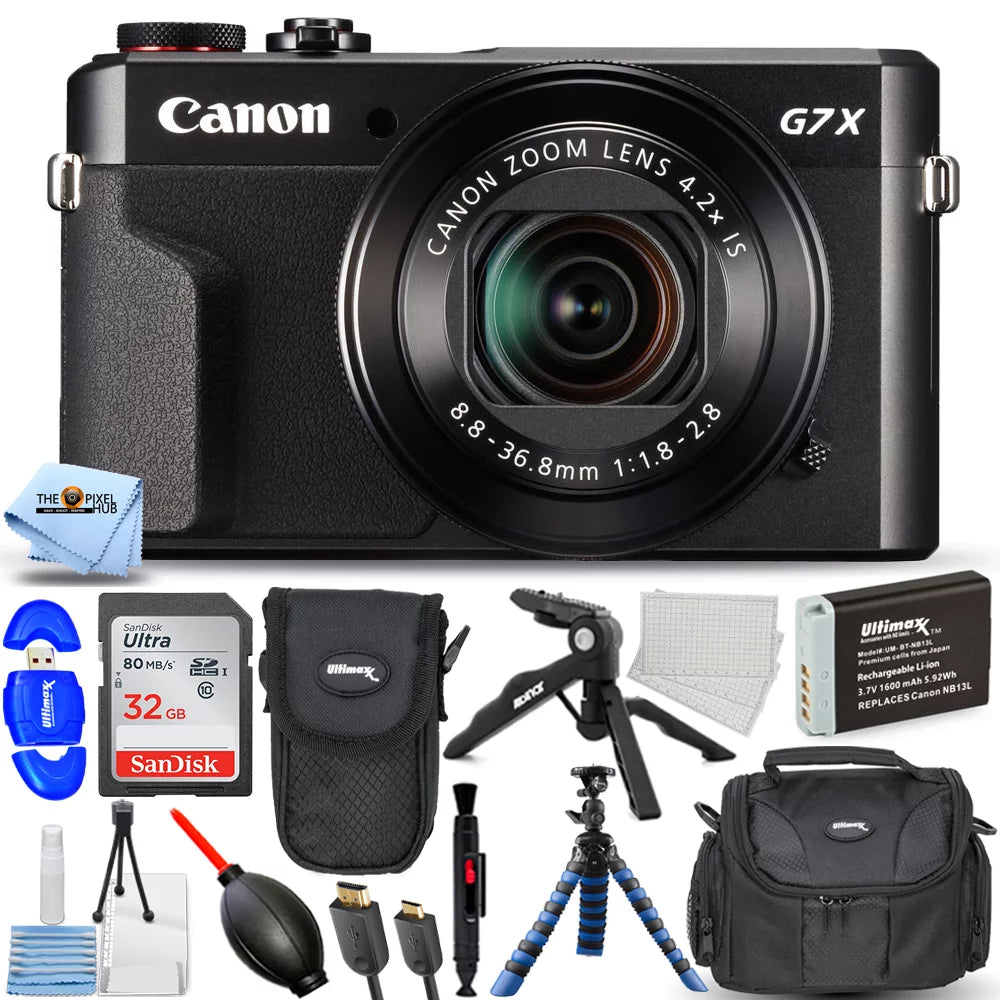 Canon powershot g7 x mark ii digital camera + ext batt + 32gb + tripod bundle