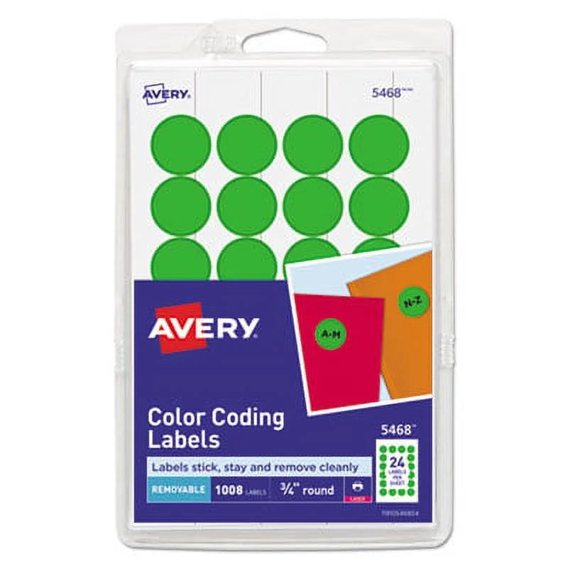 2pk avery printable self-adhesive removable color-coding labels, 0.75" dia, neon green, 24/sheet, 42 sheets/pack, (5468) (05468)