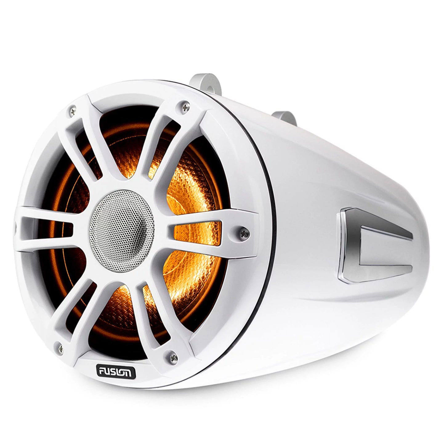 Fusion sg-flt772spw 7.7'' sports white tower speaker with fixed clamps and sg-da41400 4-channel amplifier