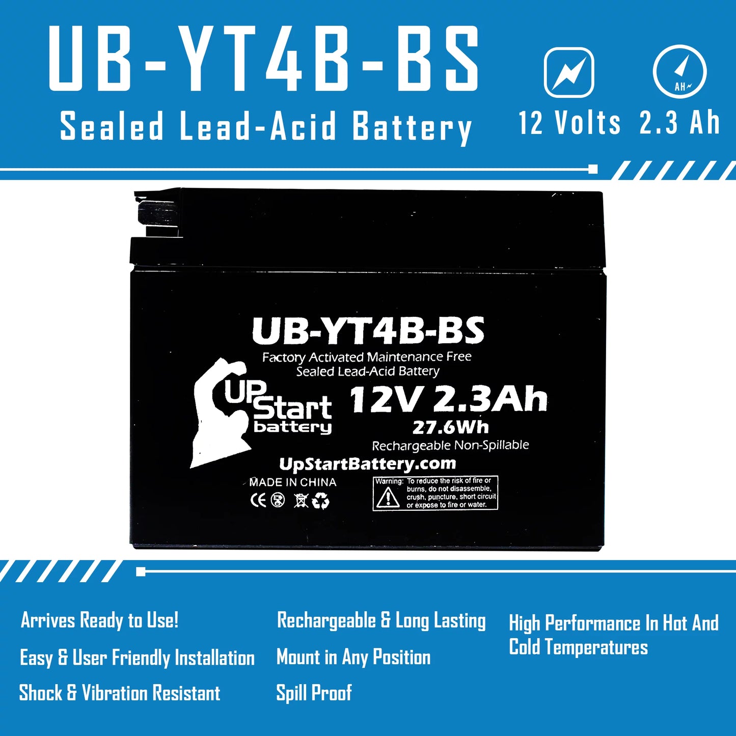 4-pack upstart battery replacement for 2010 yamaha sr400 (fi) 400cc factory activated, maintenance free, motorcycle battery - 12v, 2.3ah, ub-yt4b-bs