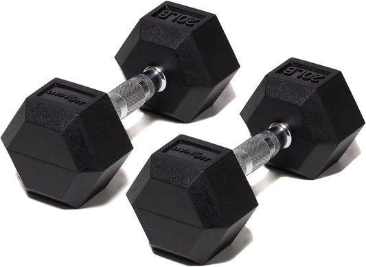 Rubber encased hex dumbbell hand weights. single dumbbells or dumbbell pairs. 5lb to 100 lb dumbbell sets for strength workouts