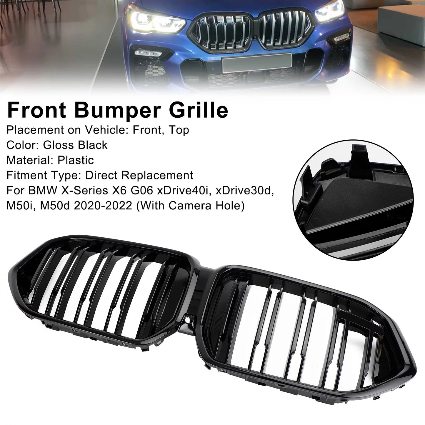 Front bumper grille grill fit for bmw x6 g06 m50i 2020-2022 w/camera hole black