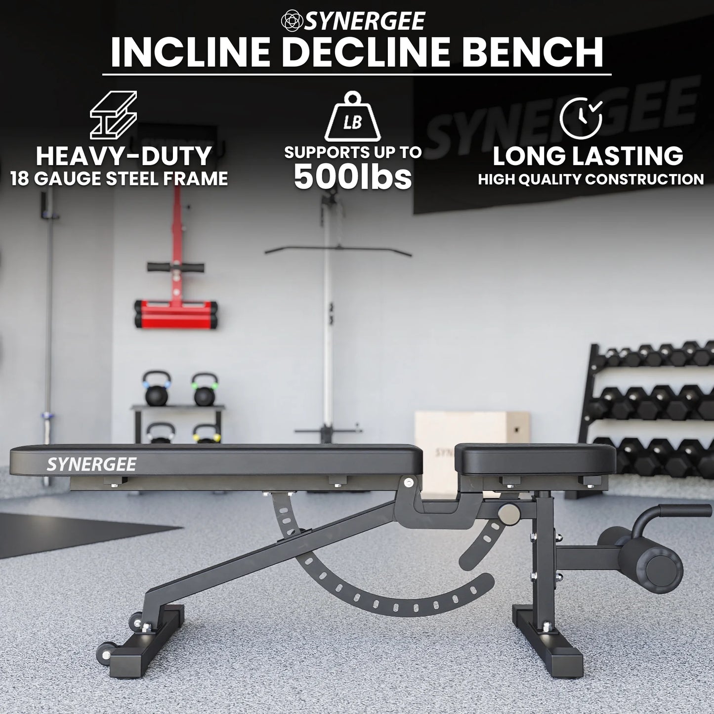 Synergee adjustable incline decline workout bench. weight bench for dumbbell & barbell press exercises & workouts. great for commercial, garage and home gym.