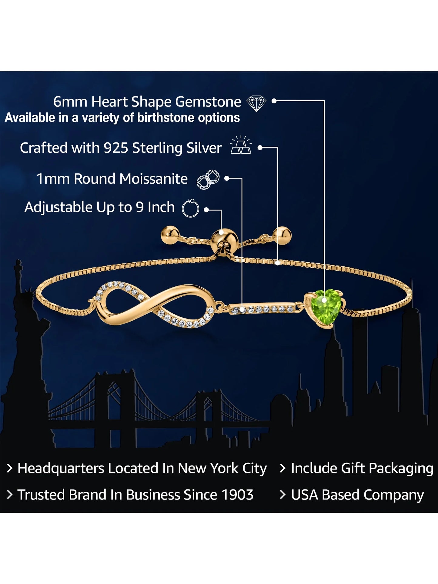 Gem stone king 18k yellow gold plated silver infinity bracelet for women with heart peridot and moissanite (0.90 cttw, box chain fully adjustable up to 9 inch)