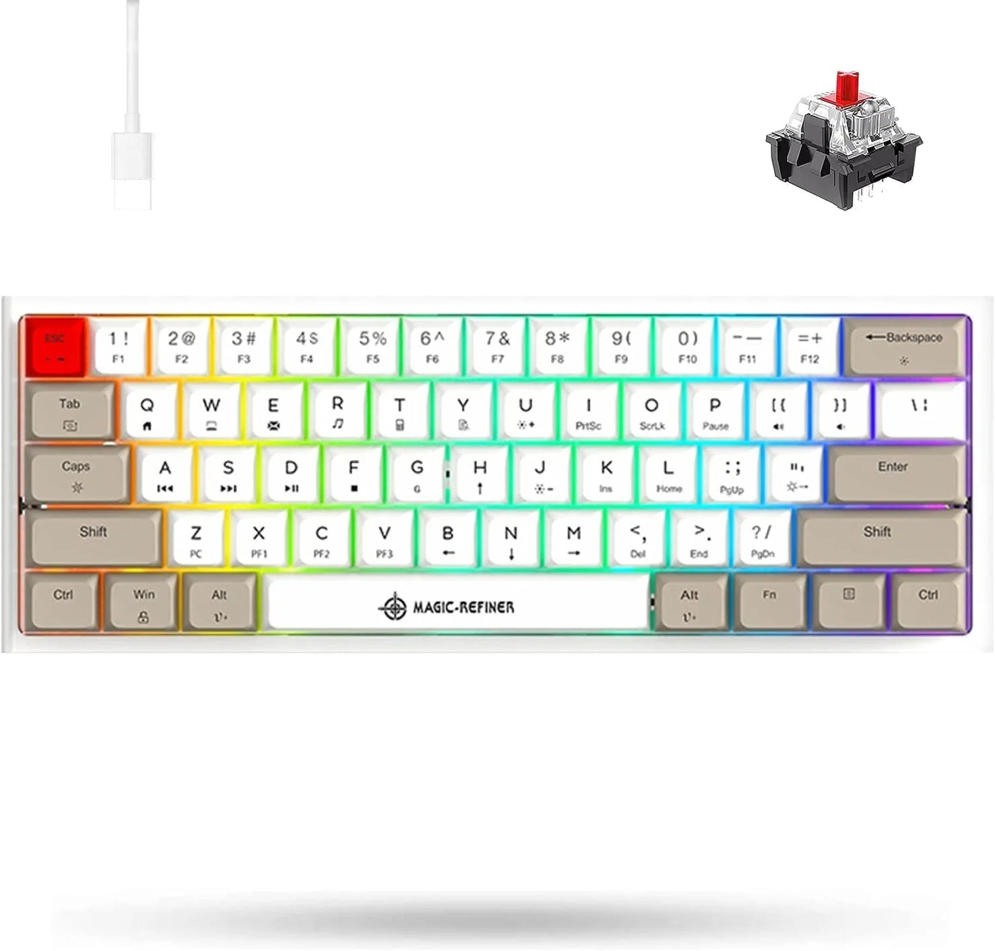 60% portable mechanical gaming keyboard, 14 chroma rgb backlight, dye-sublimation keycap, type c wired, full anti-ghosting, for pc/windows/mac/ps4/xoriginal packaging (white grey/red switch)