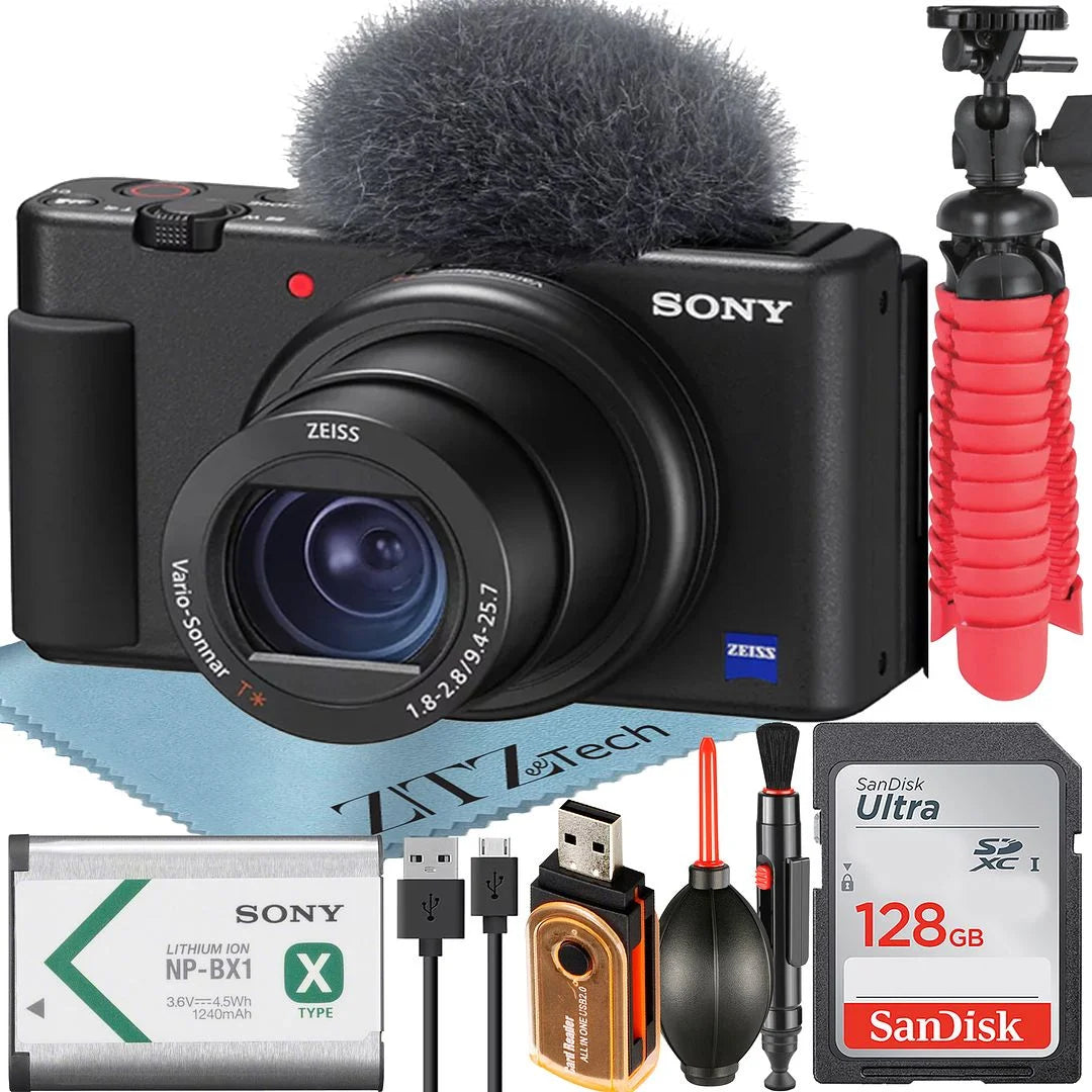 Sony zv-1f vlogging camera (black) with sandisk 128gb memory card + zeetech accessory bundle