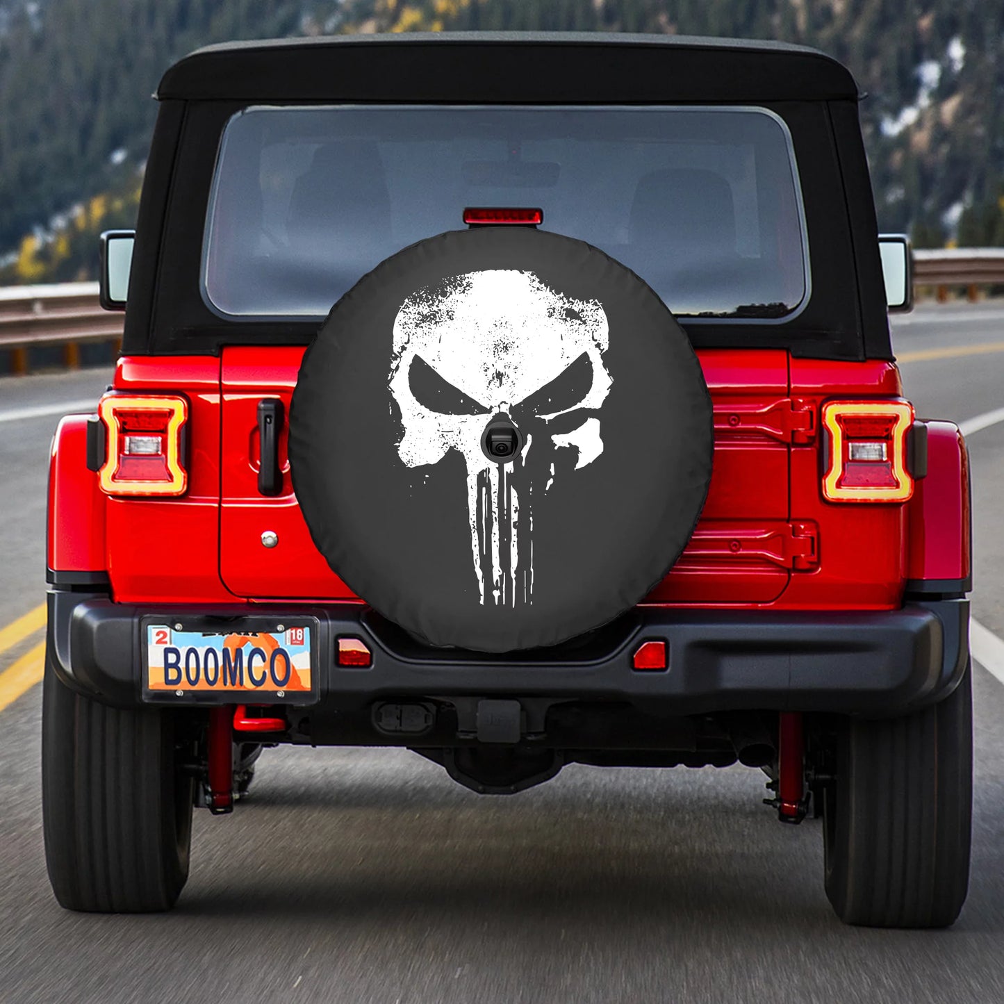 Boomerang - 33" soft jl tire cover for jeep jl wrangler (w/ back-up camera) (2018-2020) - rubicon - distressed punisher skull