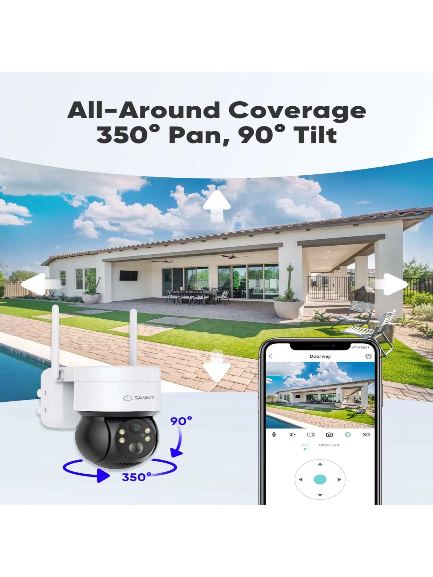 Sannce solar security cameras wireless outdoor, 2k battery powered wifi camera for home security, 360°ptz surveillance camera with solar panel, color night vision, 2 way audio, motion detection