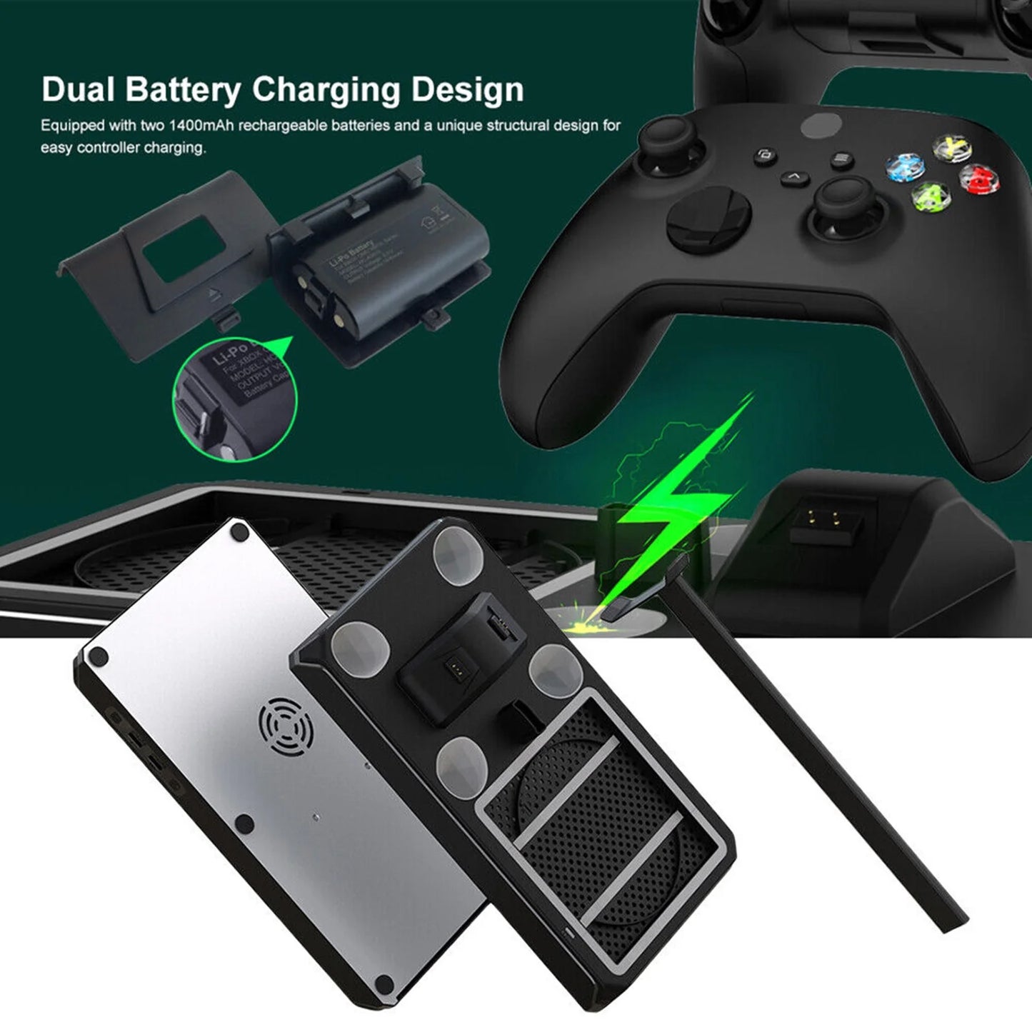 Vertical charging stand with cooling fan for xoriginal packaging series x/s, cooling station dock with 12 games storage organizer, dual controller charger station & headphone holder with 2 x 1400 mah battery packs