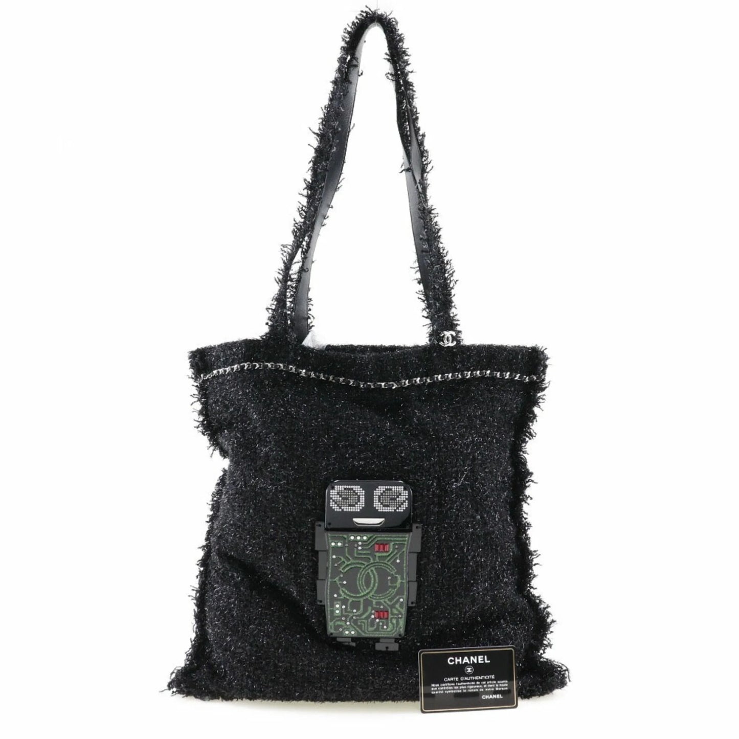 Pre-owned chanel chanel robot tote bag cocomark a94646 tweed black/silver hardware unisex (good)