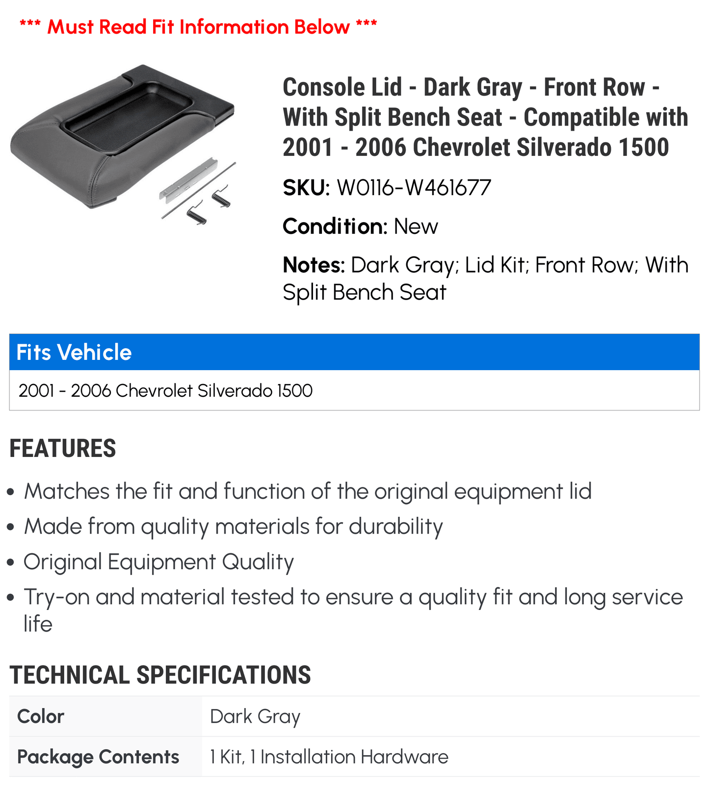 Console lid - dark gray - front row - with split bench seat - compatible with 2001 - 2006 chevy silverado 1500 2002 2003 2004 2005
