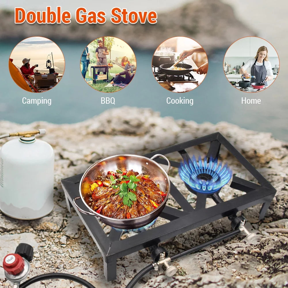 Owsoo propane gas double cast iron stove for patio camping bbq cooking (standard), furnace for excursions