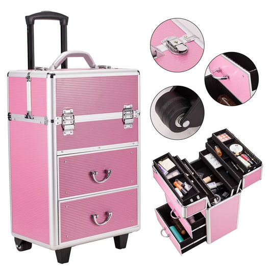 4 tier lockable rolling cosmetic makeup train cases, pink wheels rolling cosmetic case for women, cosmetic organizer makeup case with extendable trays, wrwq852