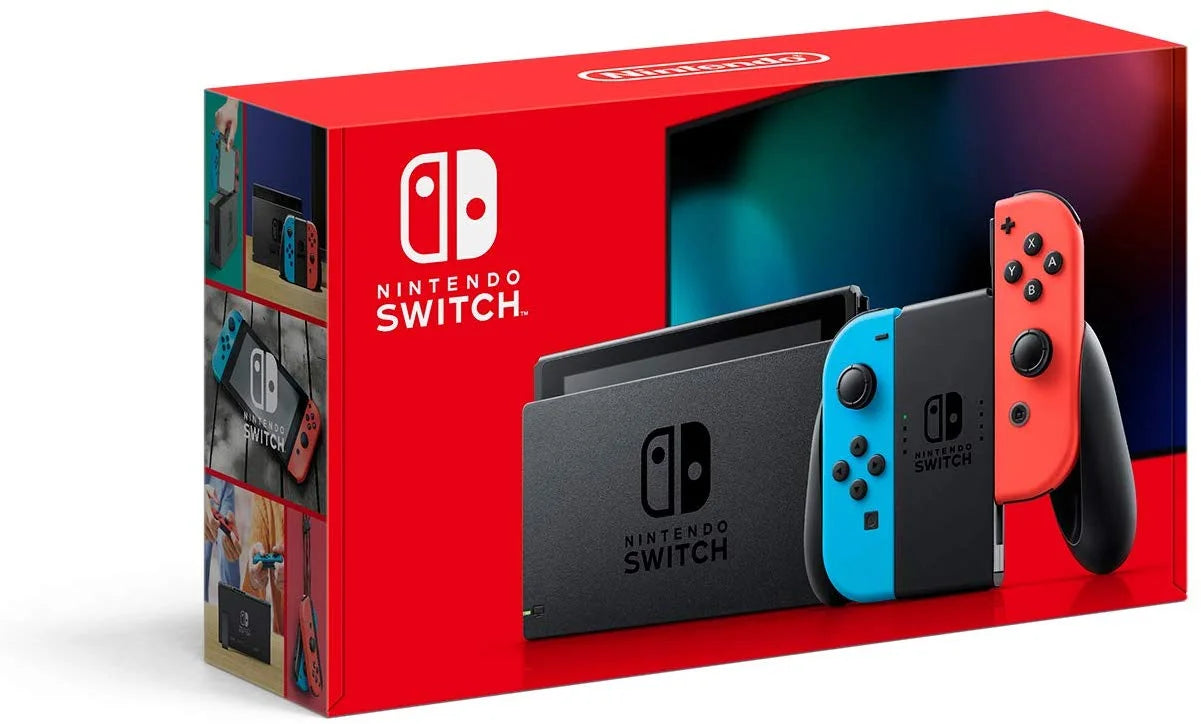 New nintendo switch 4 items bundle nintendo switch console with neon red and blue joy-cons, 128gb microsd, case, and 12-month family membership