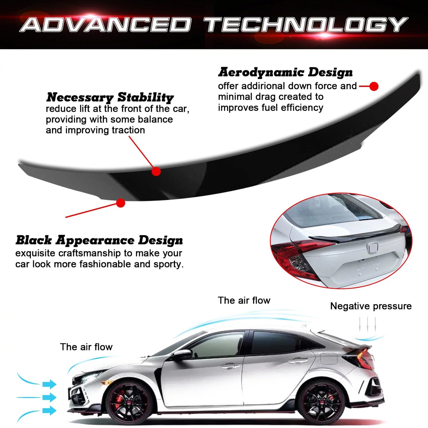 Xotic tech 4dr jdm style glossy black rear trunk lip wing spoiler compatible with honda civic 2016-2021 10th gen